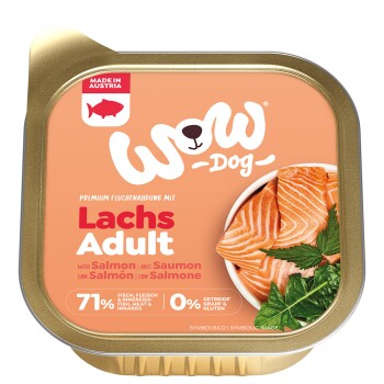 WoW Dog erwachsenes Nassfutter mit Lachs, 71 % Fisch, Fleisch & Innereien, getreide- und glutenfrei, hergestellt in Österreich.